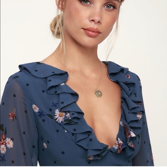 Keepsake Run Free Dark Slate Blue Floral Print Ruffled Long Sleeve Dress xl - Picture 4 of 16